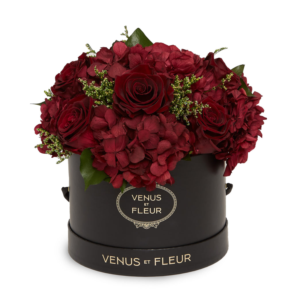 Small Round Roses & Hydrangeas, Black Classic, Bordeaux, Eternity Flower Arrangement, Venus et Fleur