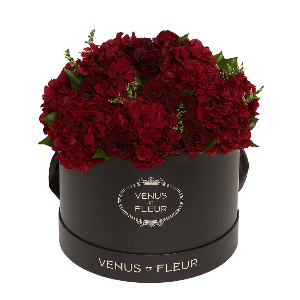 Large Round Roses & Hydrangeas, Black Classic, Bordeaux, Eternity Flower Arrangement, Venus et Fleur