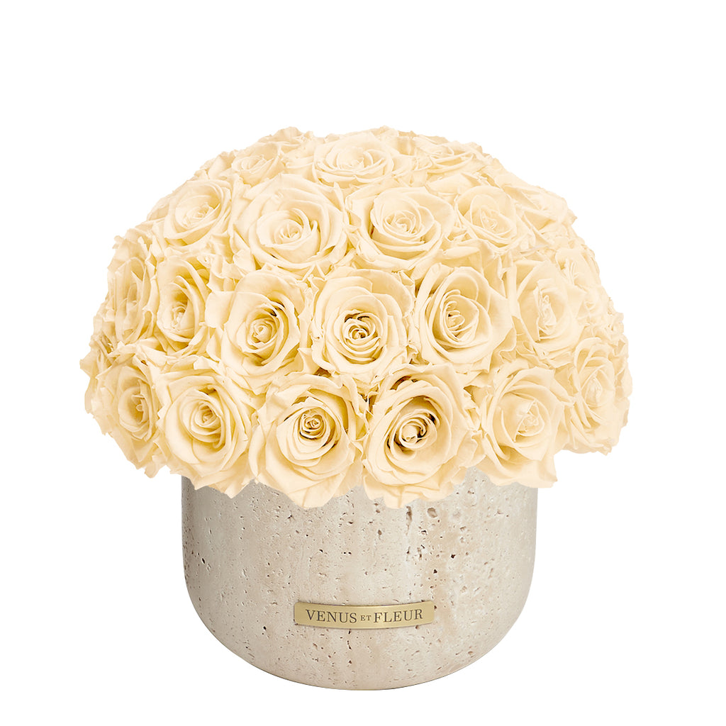 Terre Travertine Vase, Roses, Champagne, 55-58 Eternity Roses, Venus et Fleur