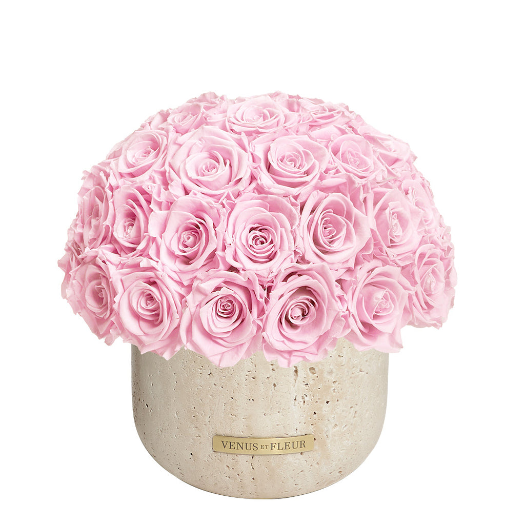 Terre Travertine Vase, Roses, Pink, 55-58 Eternity Roses, Venus et Fleur