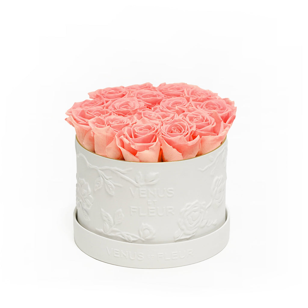 Small Round Porcelain Vase, Porcelain, Conch Pink, 13-15 Eternity Roses, Venus et Fleur