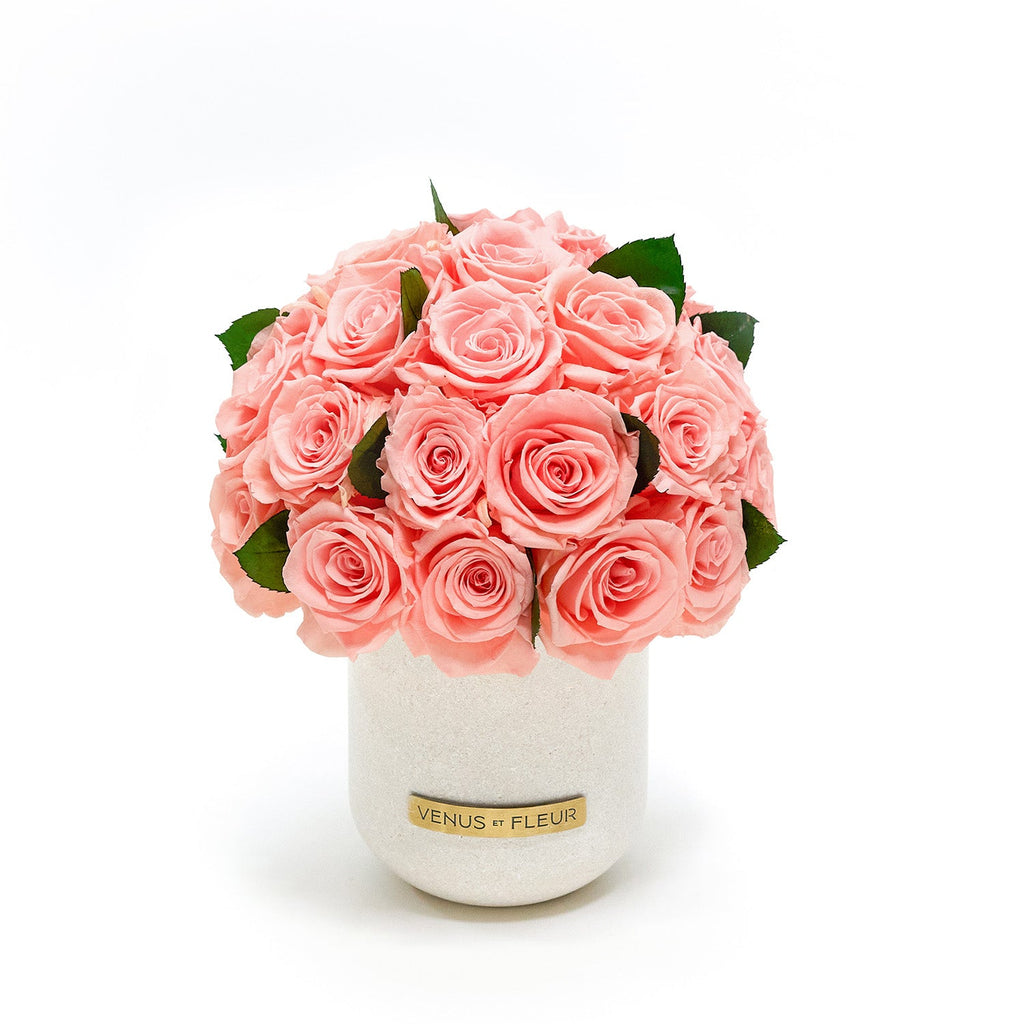 Demi Sandstone Vase, Roses & Leaves, Conch Pink, Over 20 Eternity Roses, Venus et Fleur