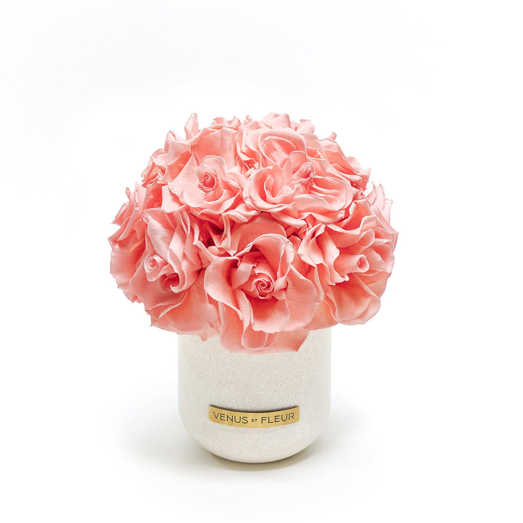 Demi Sandstone Vase, Reflex Roses, Conch Pink, Over 20 Eternity Roses, Venus et Fleur