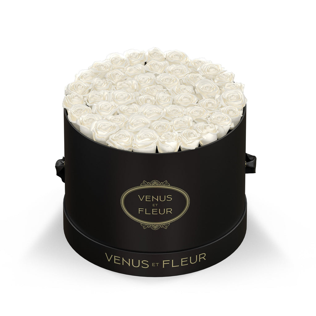 Large Round, Black Classic, Pure White, 42-49 Eternity Roses, Venus et Fleur