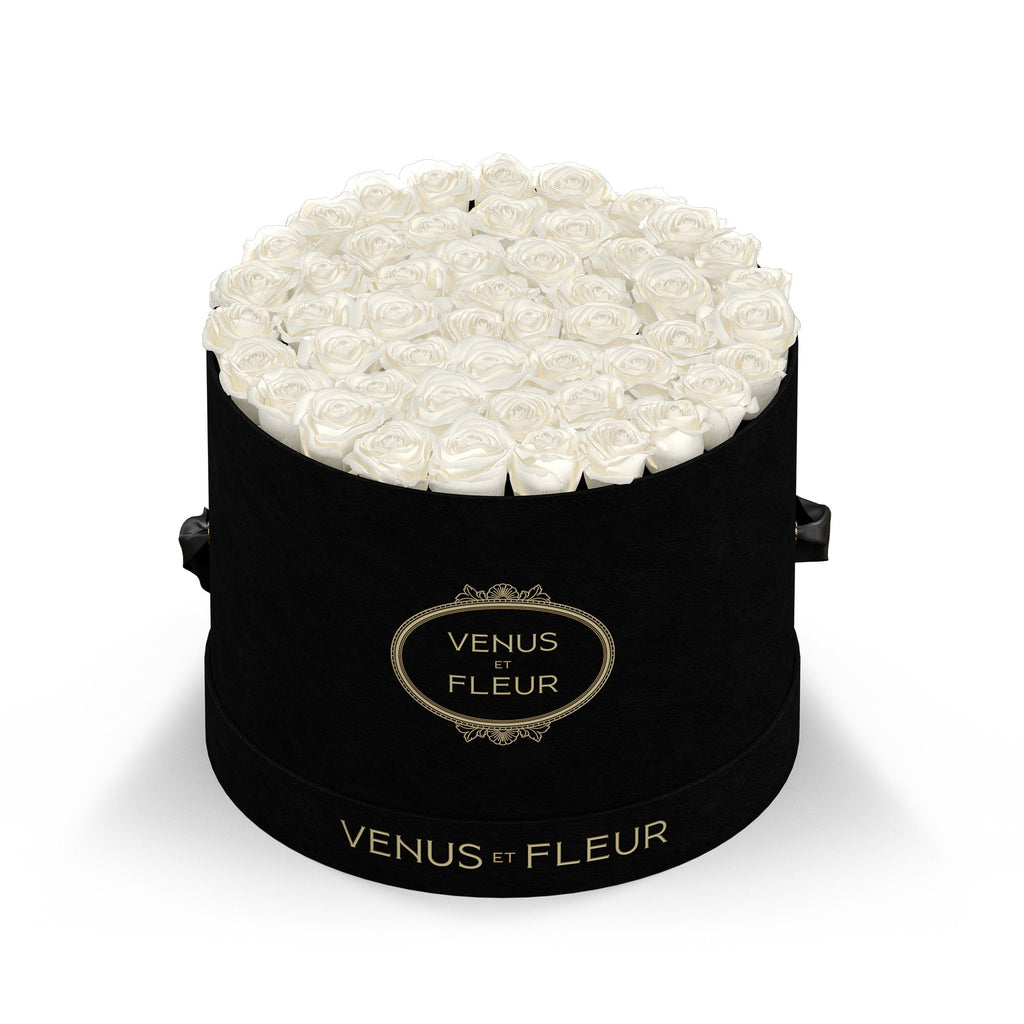 Large Round, Black Suede, Pure White, 42-49 Eternity Roses, Venus et Fleur