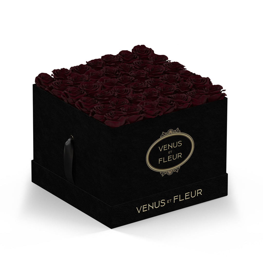 Large Square, Black Suede, Burgundy, 42-49 Eternity Roses, Venus et Fleur