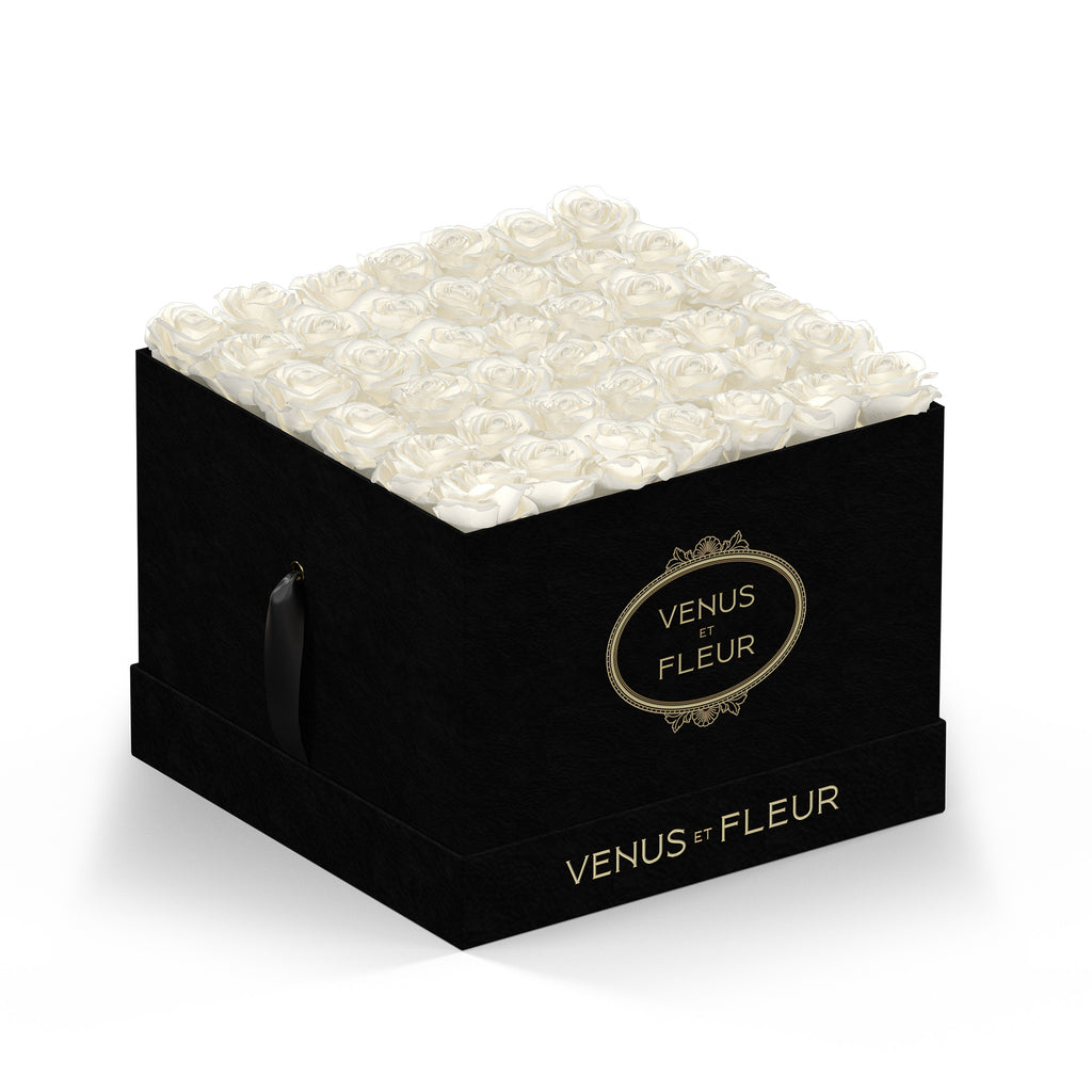 Large Square, Black Suede, Pure White, 42-49 Eternity Roses, Venus et Fleur