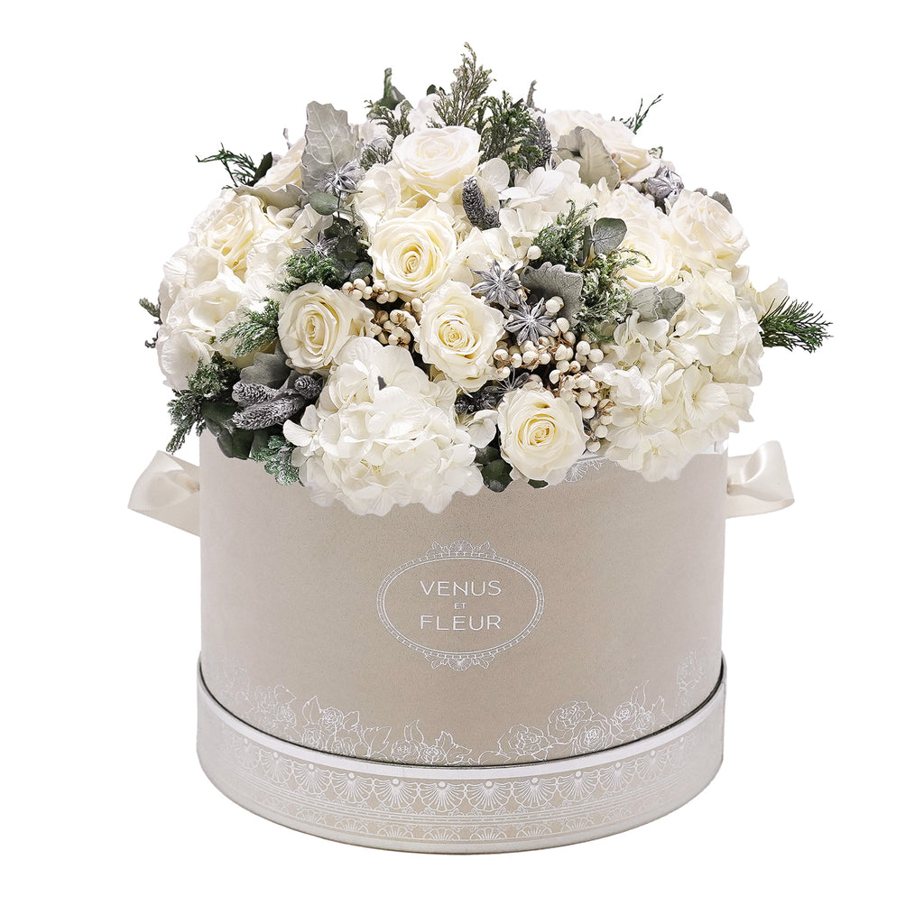 Large Round Roses & Hydrangeas, Winter Suede, La Neige, Seasonal Mixed Floral, Venus et Fleur