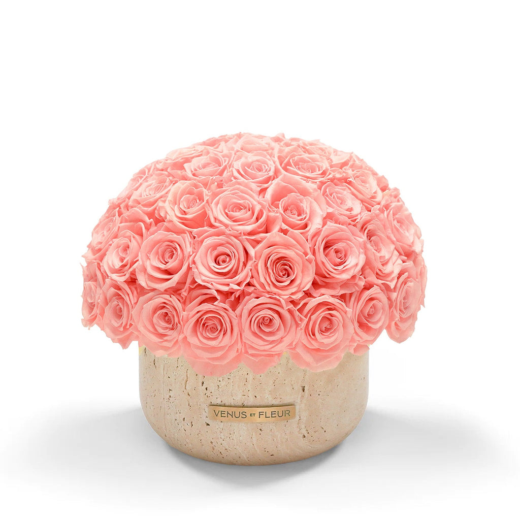 Terre Travertine Vase, Roses, Conch Pink, 55-58 Eternity Roses, Venus et Fleur